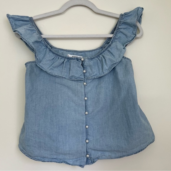 Mango Denim Pearl Ruffle Button Down Coquette Off the Shoulder Tank Top Size XS - Picture 1 of 7